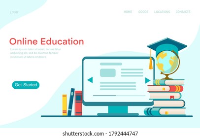 Landing page template online education. Graduation, e-learning research, college research, back to school concept. Vector illustration. Modern flat design concept of web page design for website. 