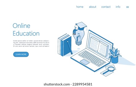 Landing page template online education, e learning and adult courses concept. Language distance school. Modern 3d for web site, banner design, video tutorial, template. Isometric vector.