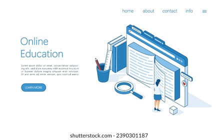 Landing page template online education, e learning and adult courses concept. Language distance school. Modern 3d for web site, banner design, video tutorial, template. Isometric vector.