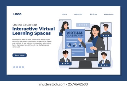 Landing page template online education virtual classes professional certification online library digital book concept 