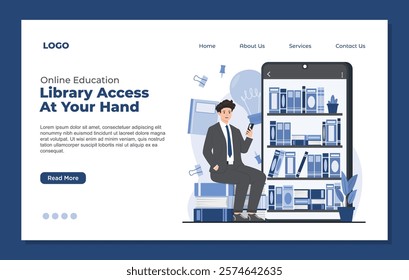 Landing page template online education virtual classes professional certification online library digital book concept 