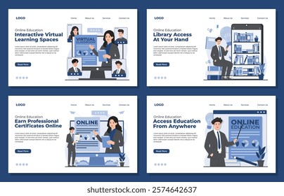 Landing page template online education virtual classes professional certification online library digital book concept 