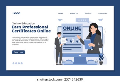 Landing page template online education virtual classes professional certification online library digital book concept 