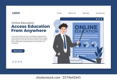 Landing page template online education virtual classes professional certification online library digital book concept 