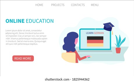 Landing page template. Online Germanlearning, distance education concept. Language training and courses. Woman student studies foreign languages on a website in a laptop. Vector in flat design.