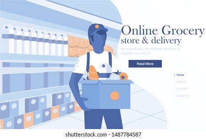 Landing page template of Online Grocery. Young man carrying a grocery box. Modern flat design concept of web page design for website and mobile website. Easy to edit and customize. Vector illustration