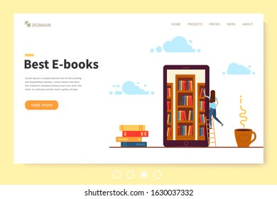 Landing page template, online library. Young girl in the phone looking for an e-book. In the background, a stack of books and a Cup of hot coffee. Vector illustration in modern flat design.