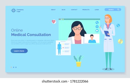 Landing page template online medical consultation with doctor concept. Medical application on computer for remote communication between a doctor and a patient. Medic woman talking to a colleague