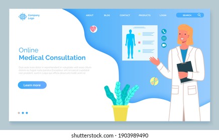 Landing page template online medical consultation with doctor concept. Medical application on computer for remote communication between doctor and a patient. Medic woman talking to a clinic client