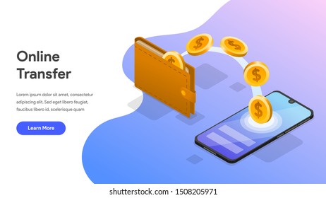 Landing page template of Online Money Transfer with Mobile Phone Isometric Illustration Concept. Modern design concept of web page design for website and mobile website.Vector illustration EPS 10