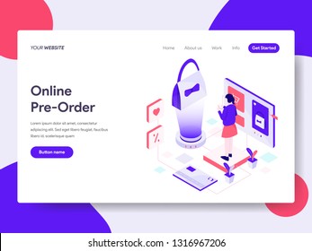 Landing page template of Online Pre Order Illustration Concept. Isometric flat design concept of web page design for website and mobile website.Vector illustration