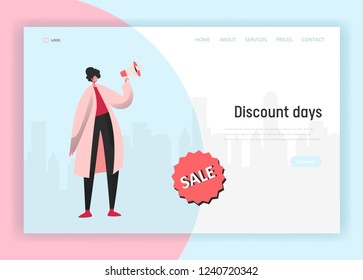 Landing page template of online Sale shopping. Modern design concept of website with Woman Character speaking loud of Discount price. Vector illustration