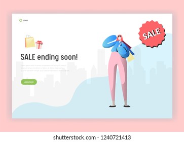 Landing page template of online Sale shopping. Modern design concept of website with Woman Character with Bags and Purchases. Vector illustration