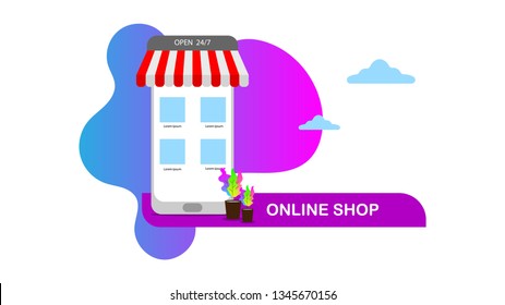 Landing Page Template of Online Shop Website. Smartphone with market shape concept for online shop. Online business website element in modern flat style design vector illustration.  