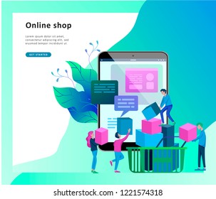Landing page template of Online Shopping people and mobile payments. Vector illustration pos terminal confirms the payment using a smartphone, Mobile payment, online banking.