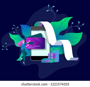 Landing page template of Online Shopping people and mobile payments. Vector illustration pos terminal confirms the payment using a smartphone, Mobile payment, online banking.