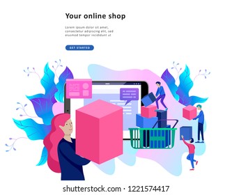 Landing page template of Online Shopping people and mobile payments. Vector illustration pos terminal confirms the payment using a smartphone, Mobile payment, online banking.