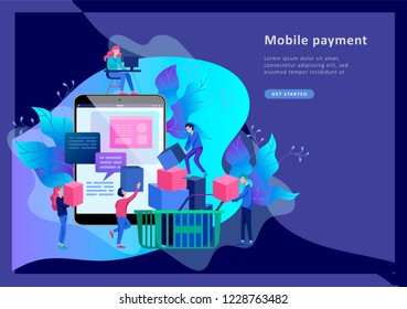 Landing page template of Online Shopping people and mobile payments. Vector illustration pos terminal confirms the payment using a smartphone, Mobile payment, online banking.