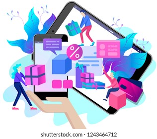 Landing page template of Online Shopping people and mobile payments. Vector illustration pos terminal confirms the payment using a smartphone, Mobile payment, online banking.