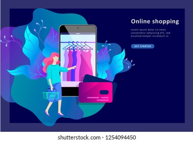 Landing page template of Online Shopping people and mobile payments. Vector illustration pos terminal confirms the payment using a smartphone, Mobile payment, online banking.