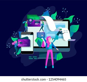 Landing page template of Online Shopping people and mobile payments. Vector illustration pos terminal confirms the payment using a smartphone, Mobile payment, online banking.