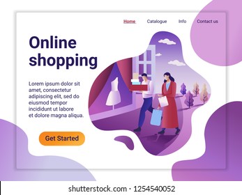 Landing page template of Online Shopping. The Flat design concept of web page design for a mobile website. The man and woman go shopping in a city street. Big Sale. Vector illustration.