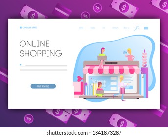 Landing Page Template of Online Shopping. Ecommerce Concept. Modern Flat Design - Young Cartoon People who do Mobile Shopping in front of Huge Laptop. Vector Illustration for Social Media and Website