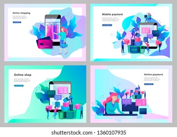 Landing page template of Online Shopping people and mobile payments. Vector illustration pos terminal confirms the payment using a smartphone, Mobile payment, online banking.