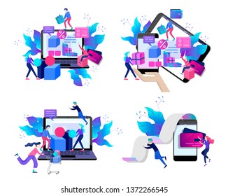 Landing page template of Online Shopping people and mobile payments. Vector illustration pos terminal confirms the payment using a smartphone, Mobile payment, online banking.