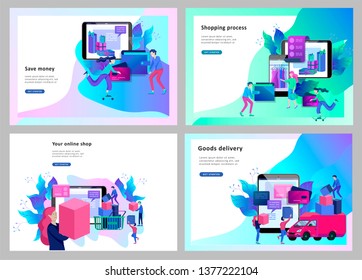 Landing page template of Online Shopping people and mobile payments. Vector illustration pos terminal confirms the payment using a smartphone, Mobile payment, online banking.