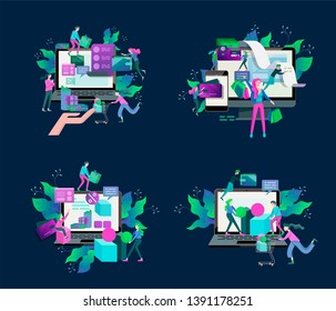 Landing page template of Online Shopping people and mobile payments. Vector illustration pos terminal confirms the payment using a smartphone, Mobile payment, online banking.