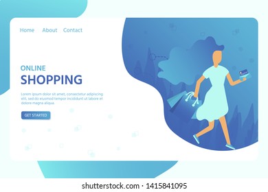 Landing page template for online Shopping with flat people characters and bags. Concept for website banner, mobile app templates, e commerce sales, digital marketing. Vector illustration