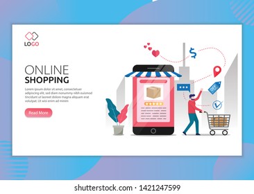 Landing page template of Online Shopping. Modern flat design concept of web page design for website and mobile website. man doing shops via phone. Easy to edit and customize. Vector illustration
