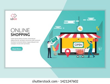Landing page template of Online Shopping. Modern flat design concept of web page design for website and mobile website. man doing shops for off prize. Easy to edit and customize. Vector illustration