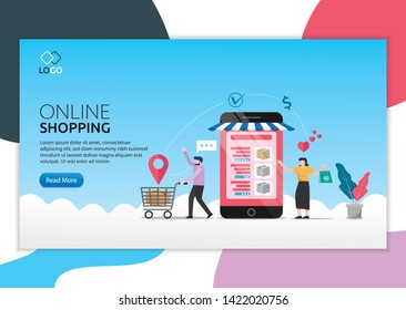 Landing page template of Online Shopping. Modern flat design concept of web page design for website and mobile website. man doing shops via phone. Easy to edit and customize. Vector illustration