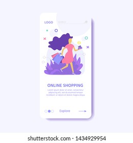 Landing page template for online Shopping with flat people characters. Concept for website banner, mobile app templates, e commerce sales, digital marketing. Vector illustration
