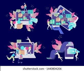 Landing page template of Online Shopping people and mobile payments. Vector illustration pos terminal confirms the payment using a smartphone, Mobile payment, online banking.