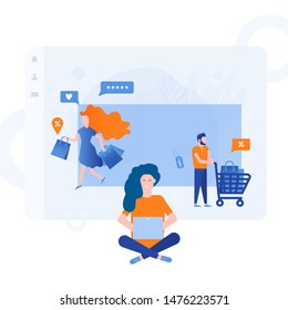 Landing page template for online Shopping with flat people characters and purchases. Concept for website banner, mobile app templates, e commerce sales, digital marketing. Vector illustration