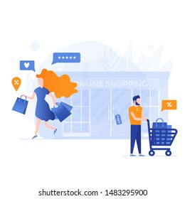 Landing page template for online Shopping with flat people characters and purchases. Concept for website banner, mobile app templates, e commerce sales, digital marketing. Vector illustration