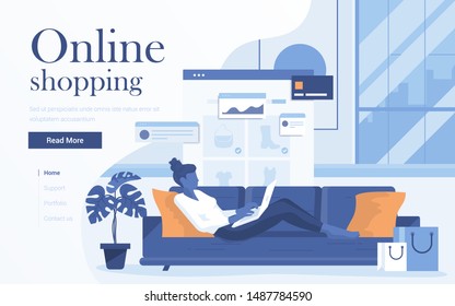 Landing page template of Online Shopping. Young woman with laptop lying on sofa in living room and shop online. Modern flat design concept of web page design for website and mobile website. Vector