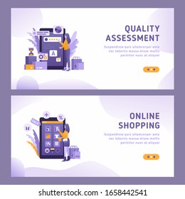 Landing page template of Online Shopping. Modern flat design concept of mobile shopping design and rating. Vector illustration of woman shopping and rating goods online on smartphone.