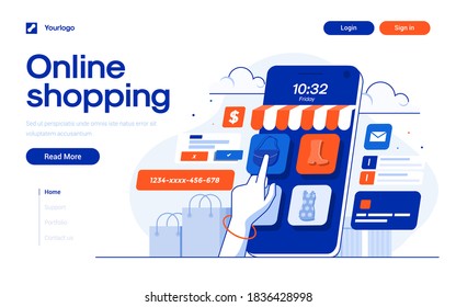 Landing page template of Online Shopping. Online shopping store with mobile , credit cards and shop elements. Modern flat design concept of web page design for website and mobile website. Easy to edit