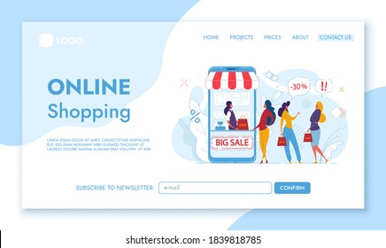 Landing Page template of Online Shopping. Tiny Female Characters shop through the big phone. Concept of web page design for website and mobile website. Cartoon Flat Character Vector Illustration