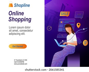 Landing page template of Online Shopping. Modern flat design with a girl on a blue city background. Web page design for website and mobile website. Easy to edit and customize. Vector illustration