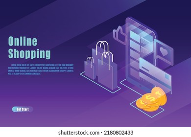Landing page template of Online Shopping. Modern flat design concept of web page design for website and mobile website. Isometric shopping online and payment online concepts. 