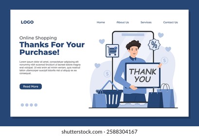 landing page template Online shopping appreciation concept with a thank you message for customers after a successful purchase