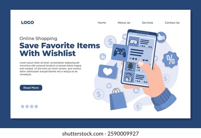 Landing page template for online shopping wishlist to save favorite items and plan future purchases