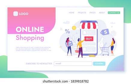 Landing Page template of Online Shopping.Tiny Male and Female Characters shop through the big phone. Concept of web page design for website and mobile. Cartoon Flat Character Vector Illustratio