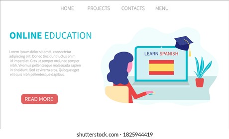 Landing page template. Online Spanish learning, distance education concept. Language training and courses. Woman student studies foreign languages on a website in a laptop. Vector in flat design.