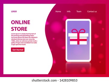 Landing page template of online store.Flat design concept of web page.
In smartphone mobile application for the purchase of a gift on Valentine's Day.Business concept  online shopping.